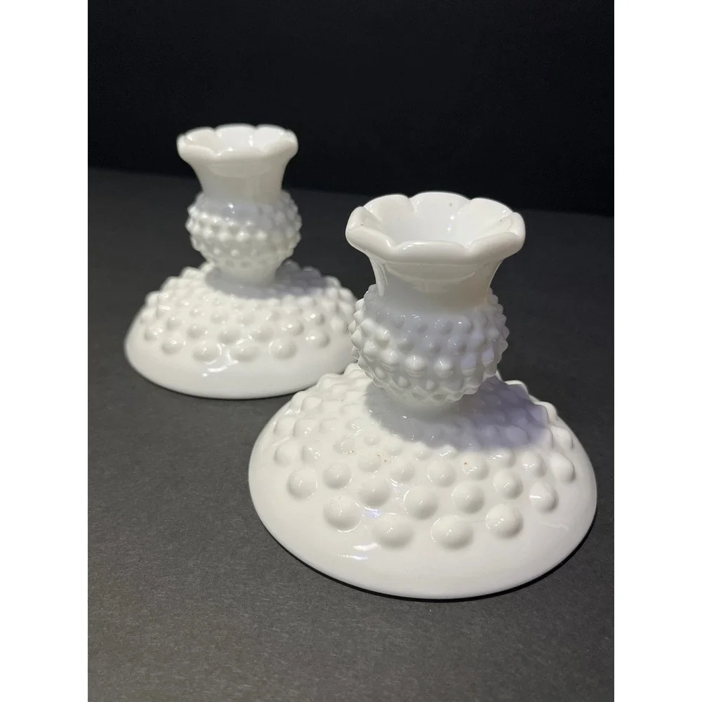 Fenton Milk Glass Hobnail Candlestick Holders White Vintage Mid Century Pair